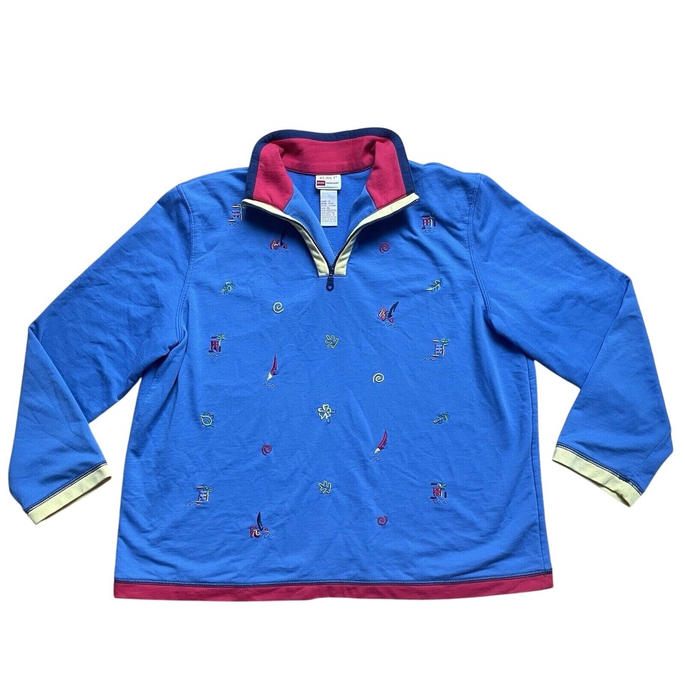 Koret Petite XL Blue Nautical Pullover Sweatshirt Zip‎ Collar Embroidered Boats
